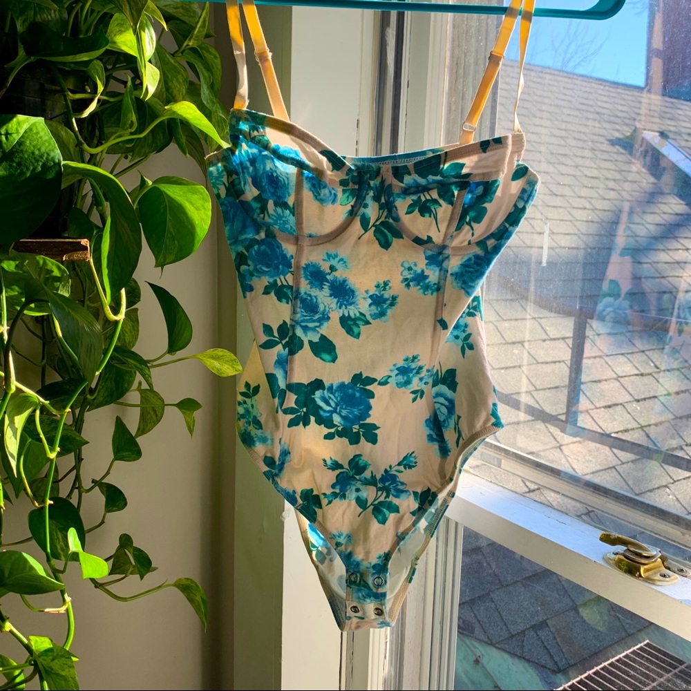 AA blue and white floral underwire bodysuit